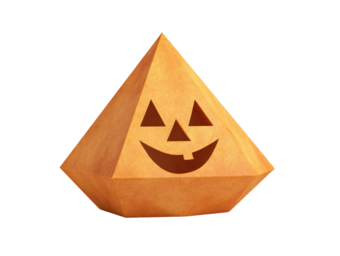A smiling orange pentagonal bipyramid Jack-o-lantern with a felt-like texture.