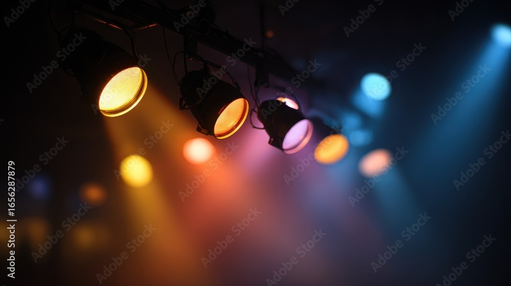Poster medium shot of colorbalanced stage lights glowing in different hues with one light in perfect focus 