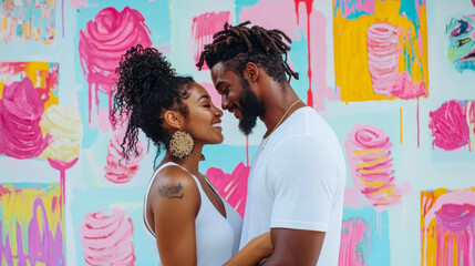 Smiling Black Couple Sharing Tender and Intimate Moment, Embracing Against Vibrant Pink and Blue Abstract Wall Mural, Expressing Love and Happiness
