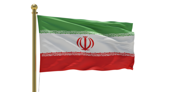 Iran national flag waving on a flagpole against white background, Iranian country symbol for independence and patriotism