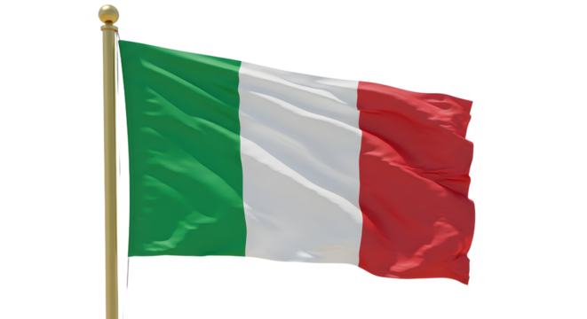 Italian flag waving on pole with green white and red vertical stripes, symbol of Italy and national pride