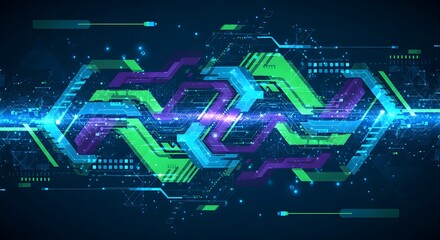 Abstract digital data stream, glowing neon green, purple, and blue circuits flowing across dark background.
