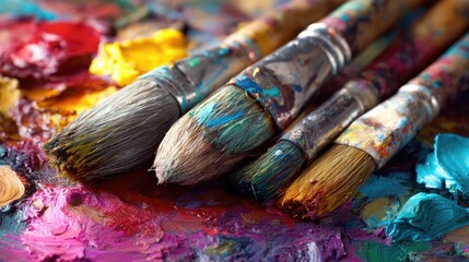 Fototapeta premium Used paintbrushes on a colorful palette, artistic tools, studio setting, creative process