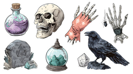 Set of spooky Halloween elements including a skull, crow, skeletal hands, potion bottle, gravestone, and mystical lantern, perfect for Halloween decorations and designs