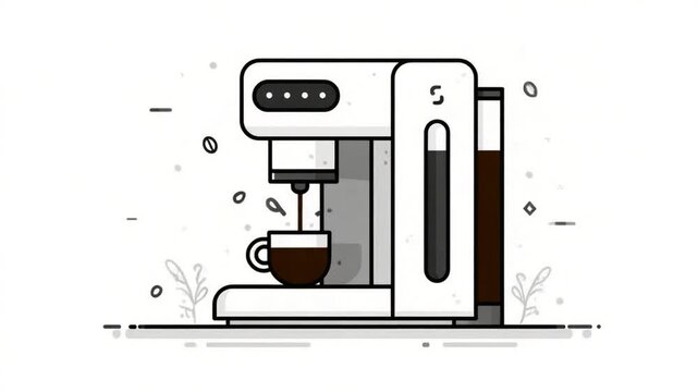 Illustrated white coffee maker filling a cup of coffee on a white background