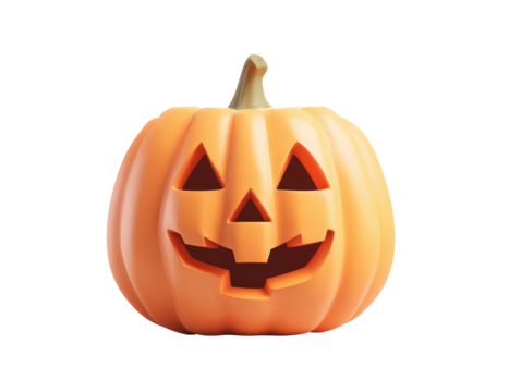 Classic orange Jack-o-lantern with a carved smiling face and triangular eyes.
