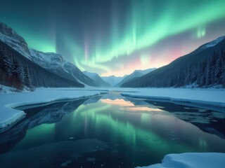 Frozen lake under the northern lights with vivid green auroras reflecting