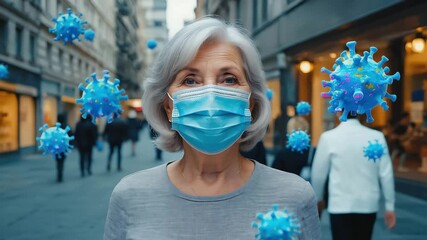 An elderly woman wearing a medical face mask to protect germs, viruses, or infectious diseases, and illustrated germs and virus particles float in the air around. Infectious disease, viral spread - Powered by Adobe