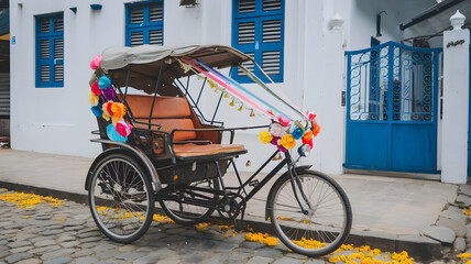 A colorful pedicab with a brown leather seat and a canopy is adorned with vibrant flowers and ribbons. 