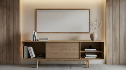 Modern wooden console table with a sleek design, featuring sliding doors and open shelves. 