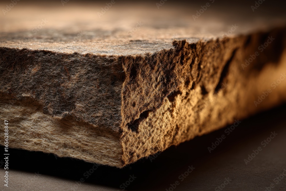 Poster close-up view of textured natural material with rich details and warm lighting in a dark background 