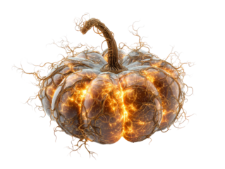 Surreal glowing pumpkin with a crystalline shell fiery energy cracks and a network of gnarled vines.