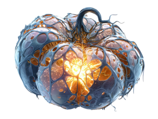 A surreal Halloween pumpkin with a glowing orange core and a dark web-like metallic exoskeleton.