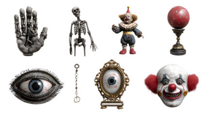 Collection of creepy Halloween horror props including skeletal hand, skeleton figure, scary clown dolls, vintage eye models, perfect for spooky decorations
