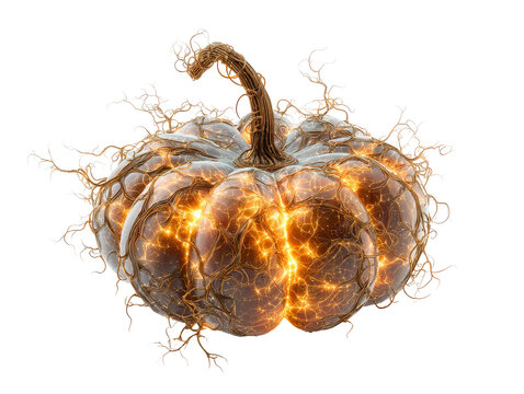 Surreal glowing pumpkin with a crystalline shell fiery energy cracks and a network of gnarled vines.