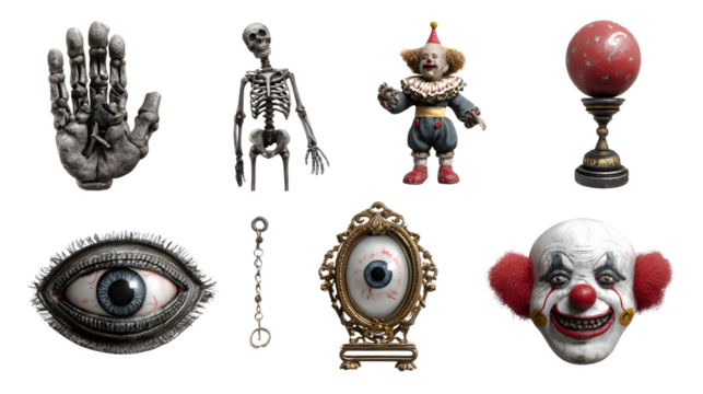 Collection of creepy Halloween horror props including skeletal hand, skeleton figure, scary clown dolls, vintage eye models, perfect for spooky decorations