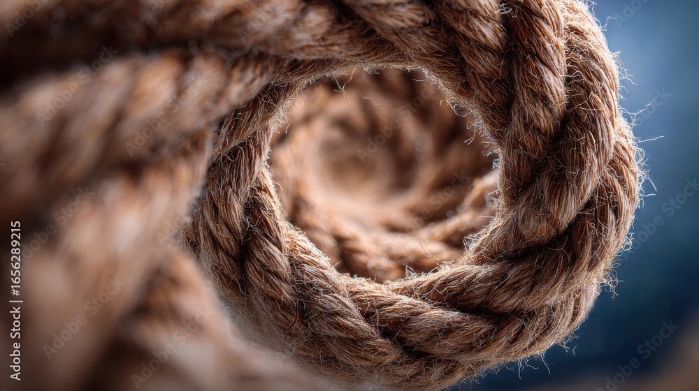 Aufkleber close-up view of twisted natural rope coiling in an artistic spiral with soft background blur for te