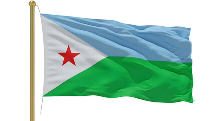 Waving Djibouti national flag on flagpole isolated on white background, symbol of African country and independence