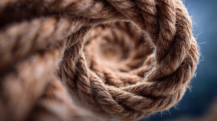 Close-Up View of Twisted Natural Rope Coiling in an Artistic Spiral with Soft Background Blur for Textures and Patterns