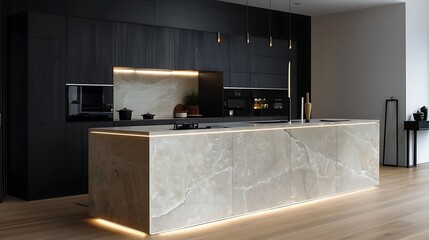 Smart kitchen with seamless cabinetry in black, ivory marble island with embedded touch controls, and subtle LED accents, elegant staged environment.