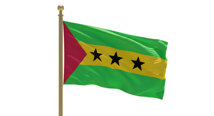 Waving flag of S?o Tom? and Pr?ncipe with green, yellow, red colors and black stars, isolated on white background, perfect for international events or cultural projects