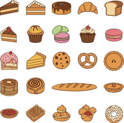 Create a 20 Delicious Bakery and Pastry Icons Free Vector Set for Cakes, Bread, Muffins, Donuts, and More Perfect for Food Blogs & Designs vector art with white background.