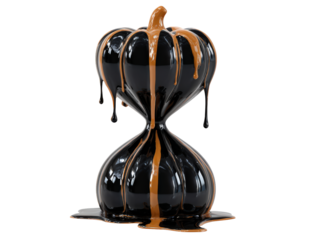 Artistic black pumpkin hourglass sculpture with glossy caramel-colored liquid dripping down.