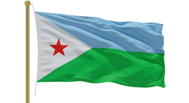 Waving Djibouti national flag on flagpole isolated on white background, symbol of African country and independence