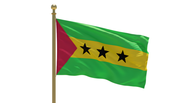 Waving flag of S?o Tom? and Pr?ncipe with green, yellow, red colors and black stars, isolated on white background, perfect for international events or cultural projects