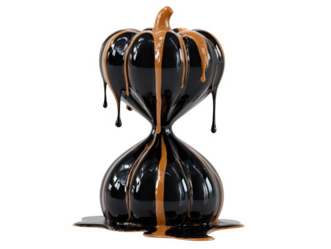 Artistic black pumpkin hourglass sculpture with glossy caramel-colored liquid dripping down.