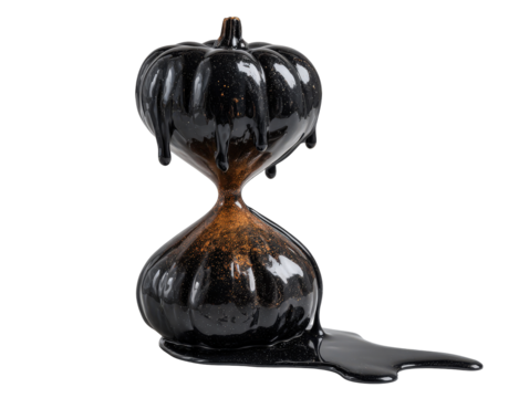 Glossy black pumpkin-shaped hourglass melting into a puddle with sparkling copper glitter. - Powered by Adobe