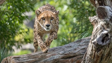 Obraz premium Cheetah strides across log in lush forest enclosure