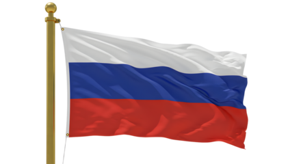 Waving Russian flag on golden pole isolated on white background, symbol of Russia and patriotism, perfect for political and cultural themes