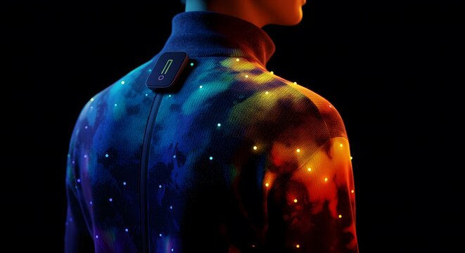 futuristic smart jacket with led lights on black background