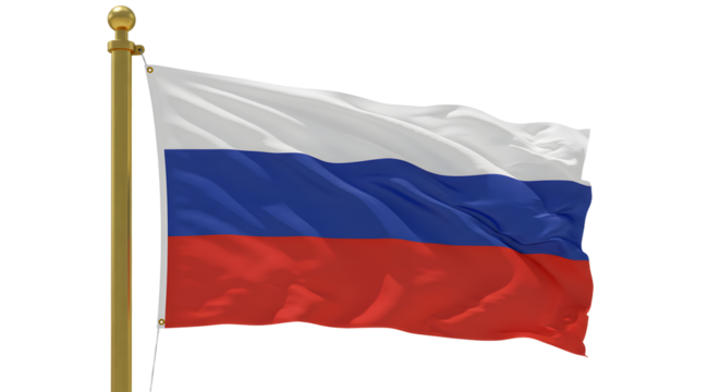 Waving Russian flag on golden pole isolated on white background, symbol of Russia and patriotism, perfect for political and cultural themes - Powered by Adobe