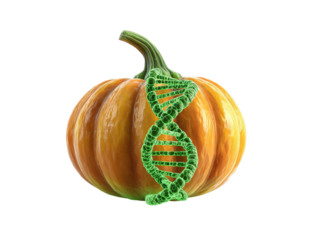 Conceptual image of a ribbed orange pumpkin with a luminous green DNA strand.