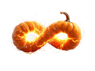 A vibrant orange pumpkin in an infinity shape crackling with electric light and energy.