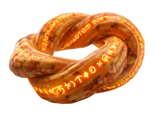 Ancient orange mystical knot with glowing fiery alien symbols and organic texture.