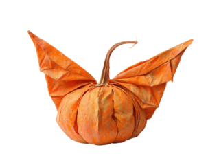 A fantastical winged pumpkin crafted from folded textured orange paper with a curved stem.