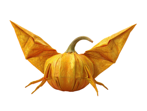 A mythical flying pumpkin creature with textured folded wings and a curved stem.