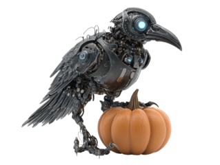 A highly detailed robotic raven with glowing blue eyes and metallic feathers perched on a ripe orange Halloween pumpkin.