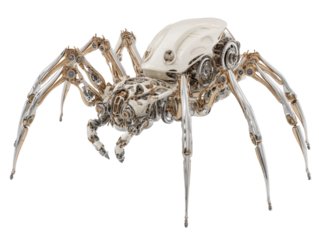 A detailed robotic spider with intricate gears articulated metallic legs and a smooth white carapace.