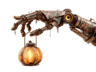 A detailed rusty steampunk mechanical hand with a glowing eye holds a warm pumpkin lantern.
