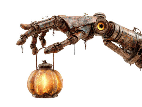 A detailed rusty steampunk mechanical hand with a glowing eye holds a warm pumpkin lantern.