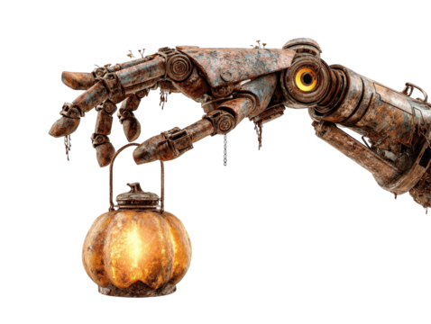 A detailed rusty steampunk mechanical hand with a glowing eye holds a warm pumpkin lantern.