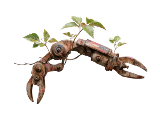 Weathered rusty robotic arm with articulated joints and pincers entwined with a living green plant.