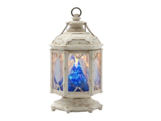Vintage distressed white lantern with a glowing blue crystal flame and iridescent glass.
