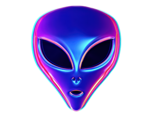 Glossy alien head with vibrant neon blue purple and pink highlights and a chromatic glitch effect.