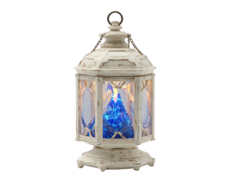 Vintage distressed white lantern with a glowing blue crystal flame and iridescent glass.