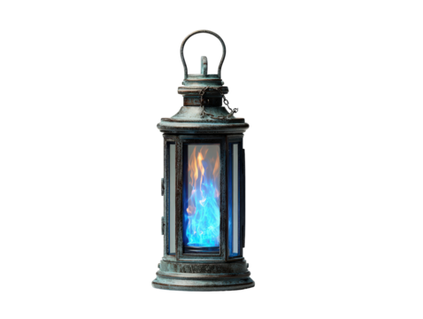 Antique weathered metal lantern with a mystical blue and orange flame.